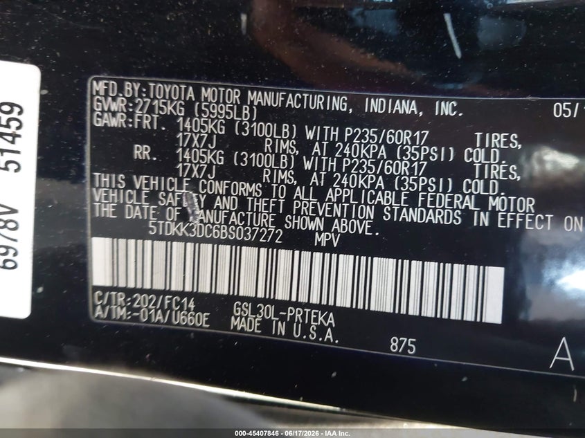 TOYOTA SIENNA 2011 VIN 5TDKK3DC6BS037272