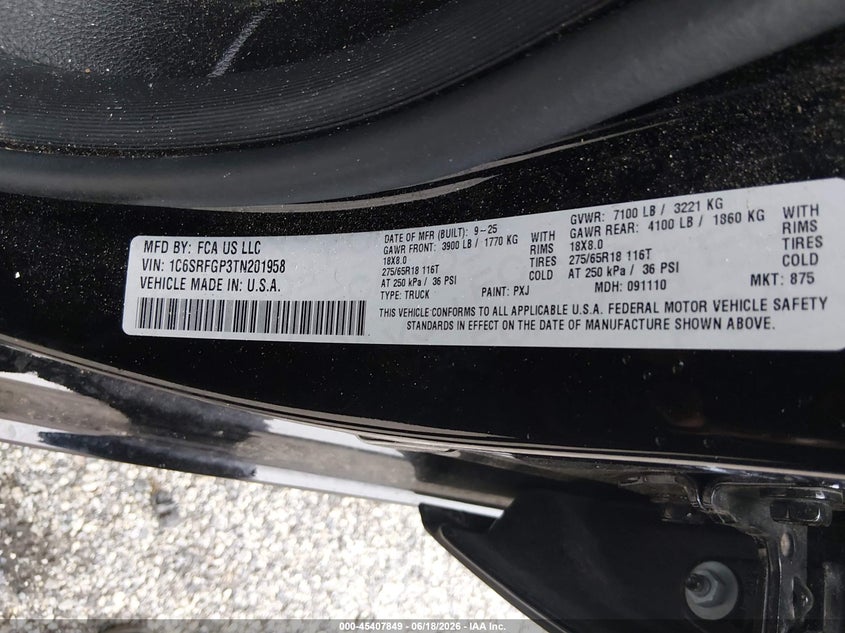 RAM 1500 2026 VIN 1C6SRFGP3TN201958