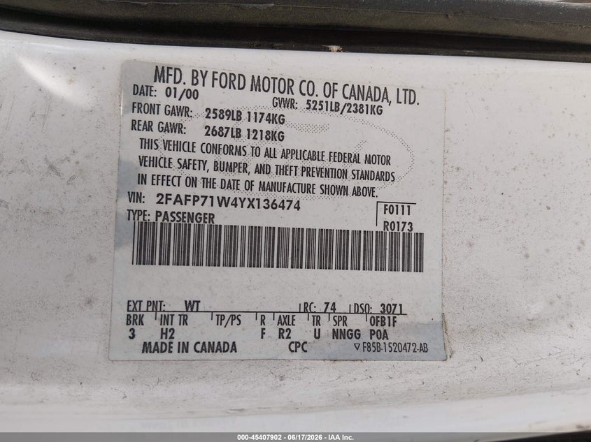 2000 Ford Crown Victoria Police Interceptor VIN: 2FAFP71W4YX136474 Lot: 45407902