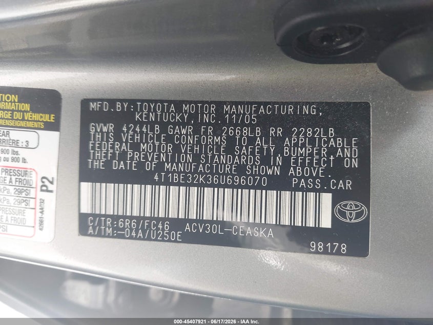2006 TOYOTA CAMRY SEDAN 2.4L I-4 DOHC, VVT, 154HP