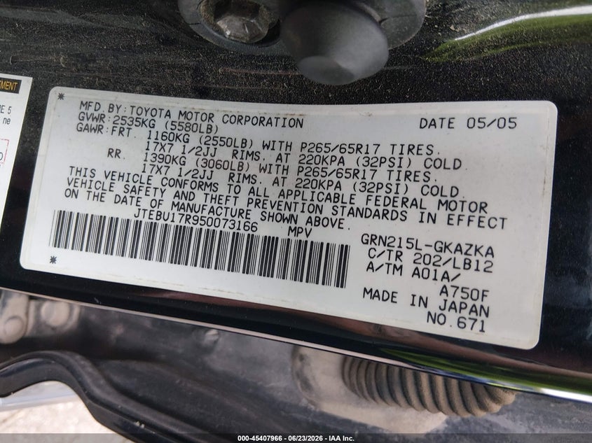 2005 Toyota 4Runner Limited V6 VIN: JTEBU17R950073166 Lot: 45407966