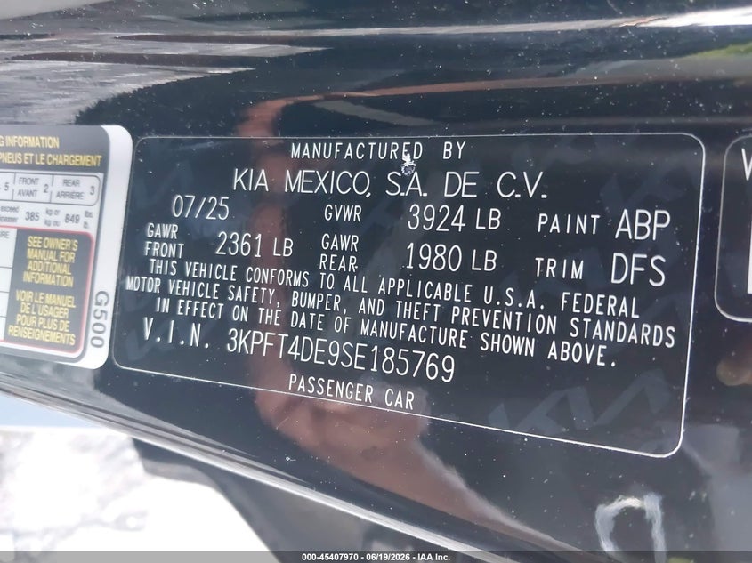 2025 Kia K4 Lxs VIN: 3KPFT4DE9SE185769 Lot: 45407970