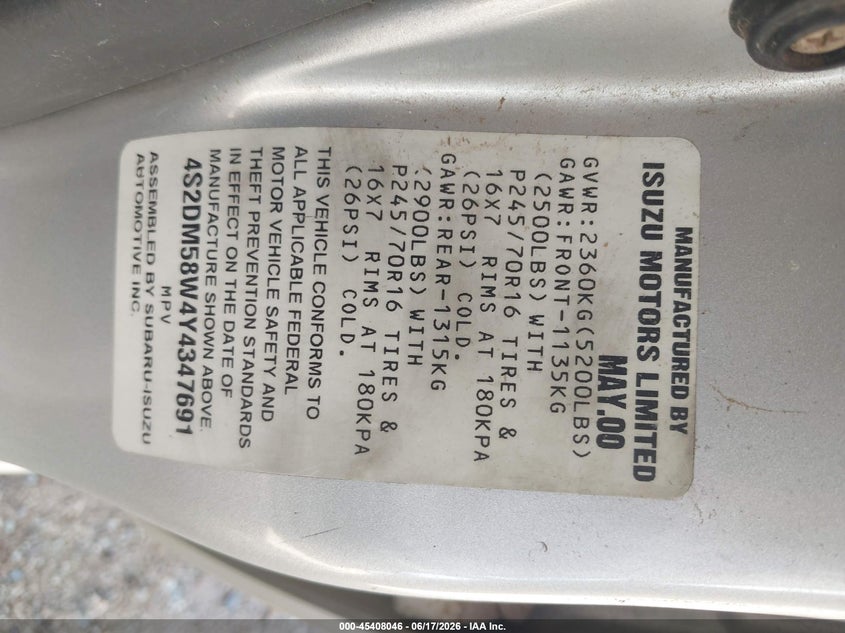 2000 Isuzu Rodeo Ls/Lse/S VIN: 4S2DM58W4Y4347691 Lot: 45408046