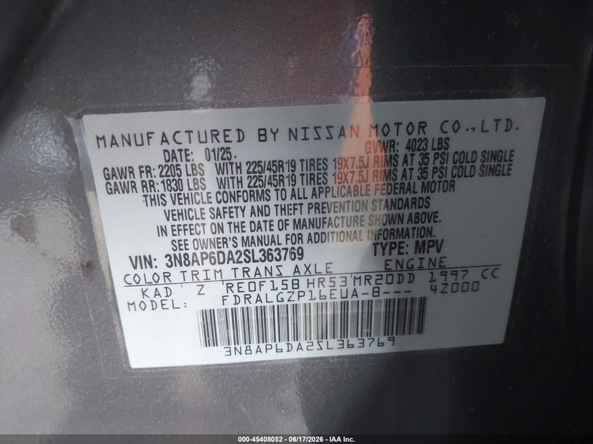 2025 NISSAN KICKS SPORT UTILITY VEHICLE 2.0L I-4 DOHC, VVT, 141HP