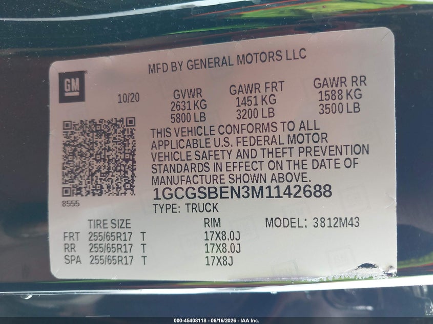 VIN 1GCGSBEN3M1142688 2021 CHEVROLET COLORADO 2WD  SHORT BOX WT