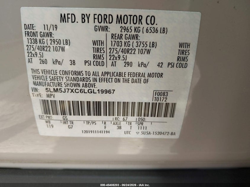 2020 Lincoln Aviator Reserve VIN: 5LM5J7XC6LGL19967 Lot: 45408203