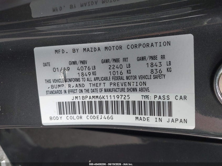2019 MAZDA 3 HATCHBACK 2.5L I-4 DI, DOHC, VVT, 186HP