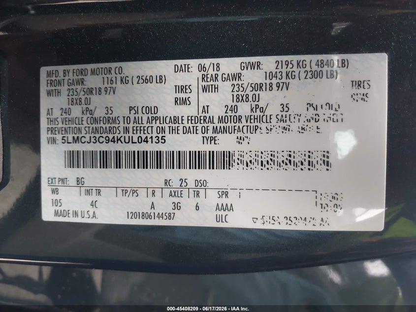 2019 Lincoln Mkc Reserve VIN: 5LMCJ3C94KUL04135 Lot: 45408209
