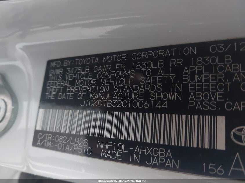 2012 Toyota Prius C Four VIN: JTDKDTB32C1006144 Lot: 45408235