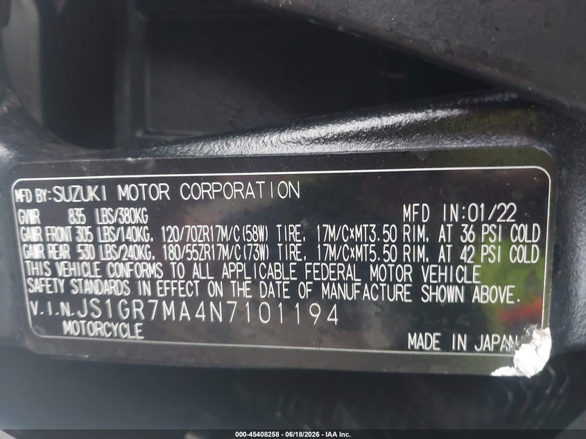 2022 Suzuki Gsx-R750 VIN: JS1GR7MA4N7101194 Lot: 45408258