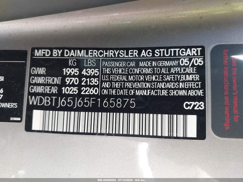 2005 Mercedes-Benz Clk 320 VIN: WDBTJ65J65F165875 Lot: 45408354