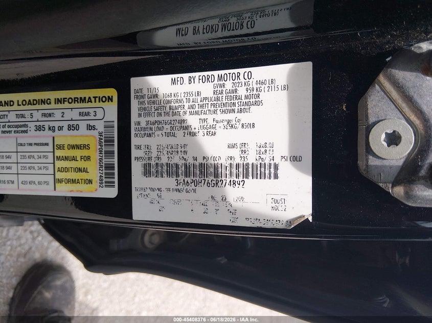 2016 Ford Fusion Se VIN: 3FA6P0H76GR274892 Lot: 45408376
