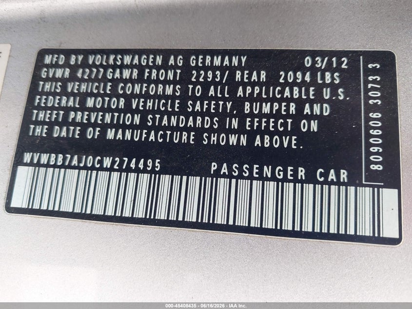 2012 VOLKSWAGEN GOLF HATCHBACK 2.5L I-5 DOHC, VVT, 170HP