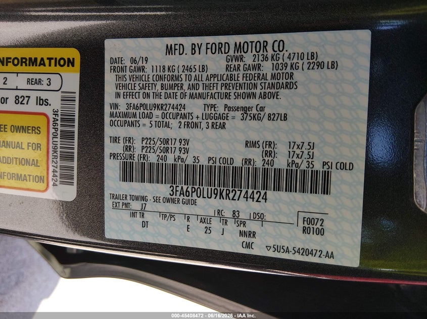 2019 Ford Fusion Hybrid Se VIN: 3FA6P0LU9KR274424 Lot: 45408472