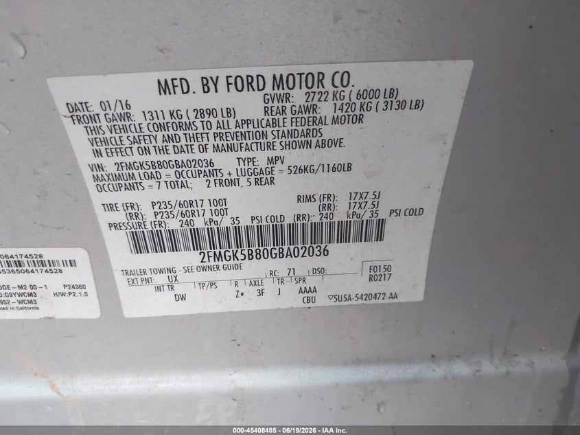 2016 Ford Flex Se VIN: 2FMGK5B80GBA02036 Lot: 45408485