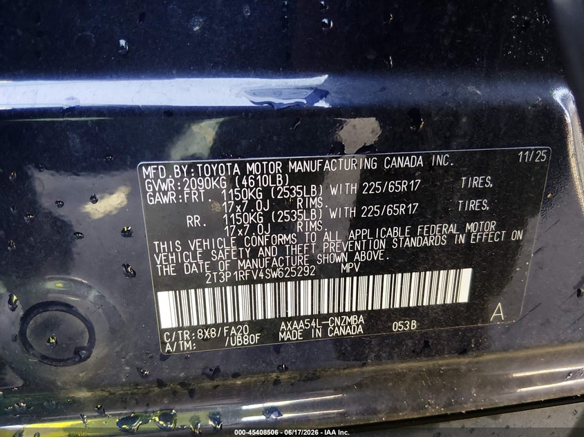 VIN 2T3P1RFV4SW625292 2025 TOYOTA RAV4 XLE