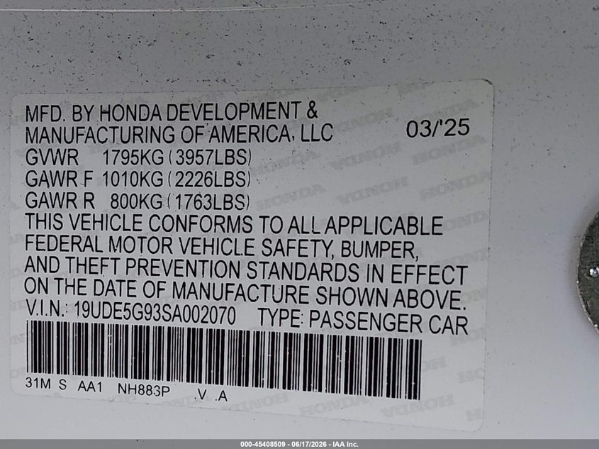 2025 Acura Integra Type S VIN: 19UDE5G93SA002070 Lot: 45408509