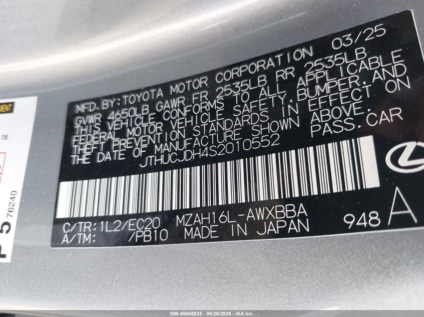 2025 Lexus Ux 300H Premium VIN: JTHUCJDH4S2010552 Lot: 45408525
