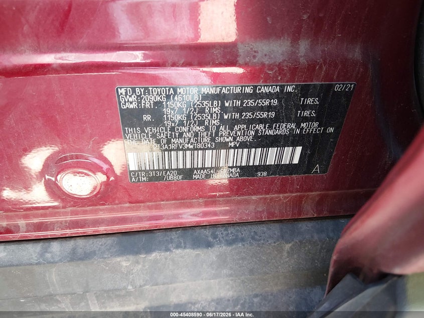 VIN 2T3A1RFV3MW180343 2021 TOYOTA RAV4 XLE PREMIUM
