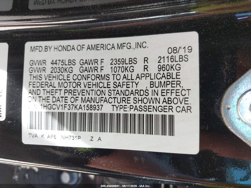 VIN 1HGCV1F37KA158937 2019 HONDA ACCORD SPORT