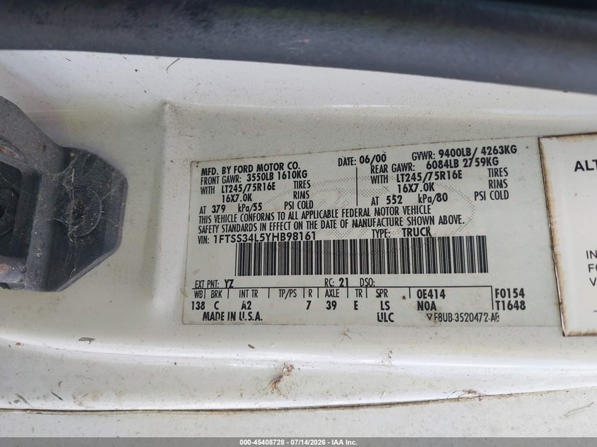 2000 Ford E-350 Super Duty Commercial/Recreational VIN: 1FTSS34L5YHB98161 Lot: 45408728