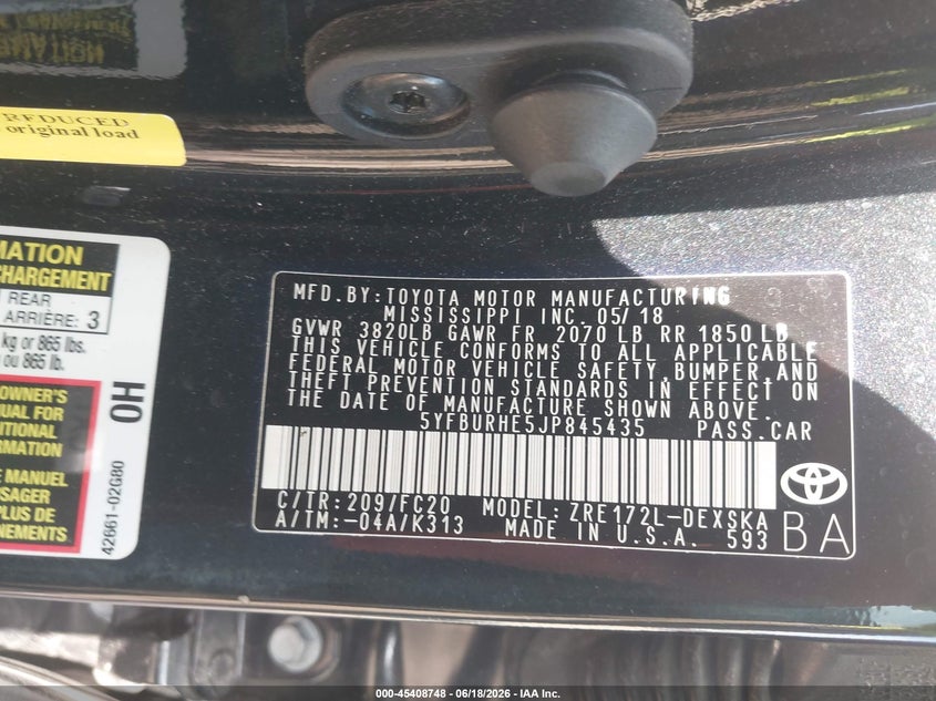 2018 TOYOTA COROLLA SEDAN 1.8L I-4 DOHC, VVT, 132HP