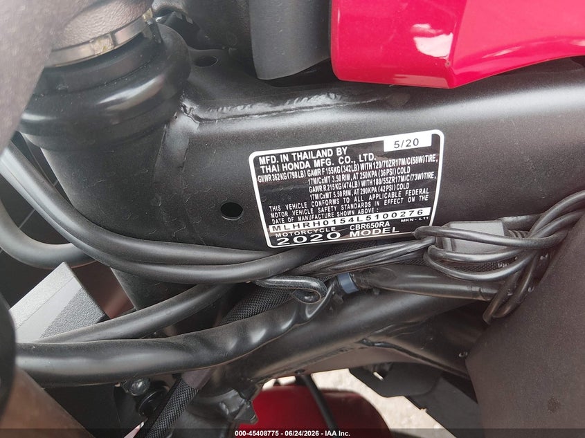 2020 Honda Cbr650 Ra VIN: MLHRH0154L5100276 Lot: 45408775