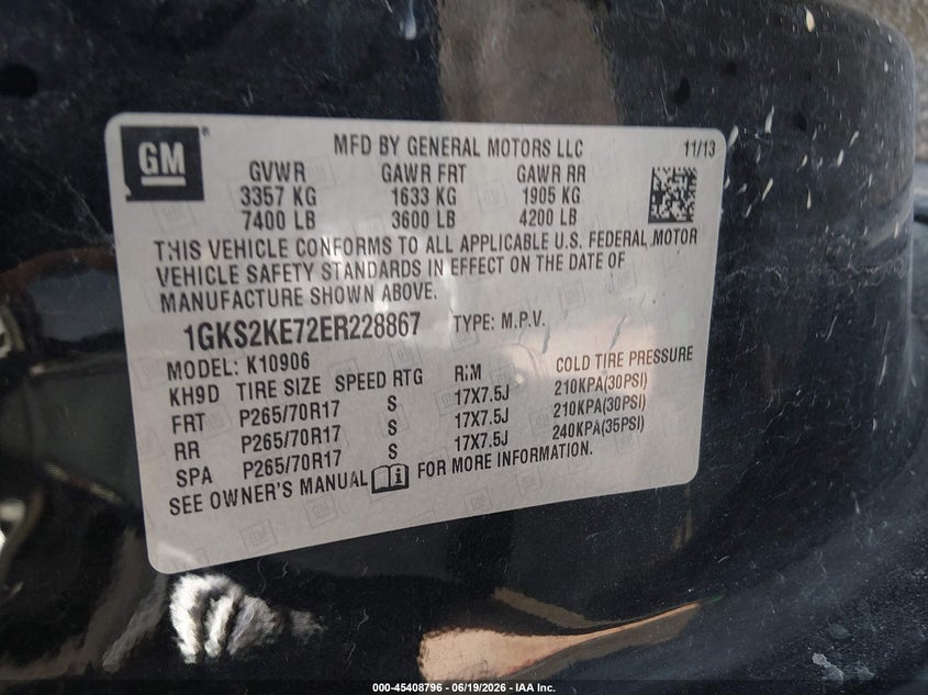 GMC YUKON XL 1500 2014 VIN 1GKS2KE72ER228867