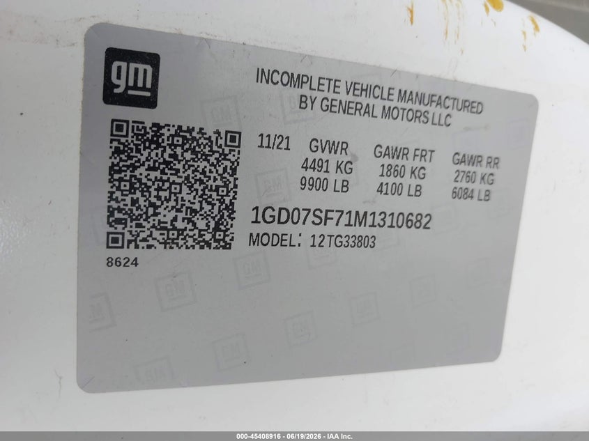 2021 GMC Savana Cutaway Work Van VIN: 1GD07SF71M1310682 Lot: 45408916