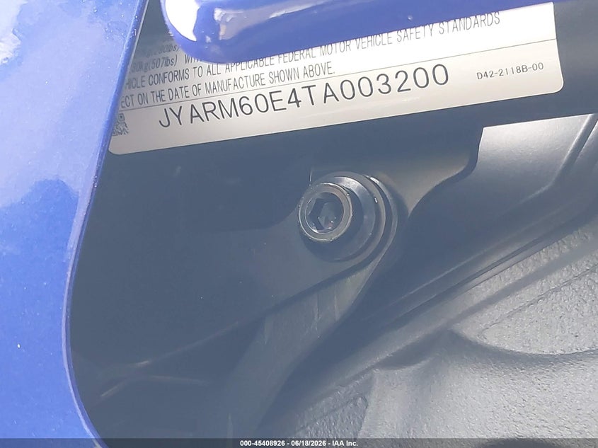 2026 Yamaha Yzfr7 VIN: JYARM60E4TA003200 Lot: 45408926