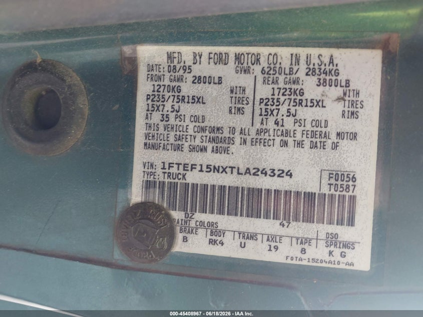 FORD F150 1996 VIN 1FTEF15NXTLA24324