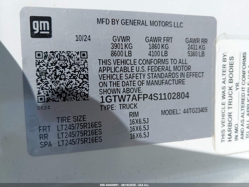2025 GMC Savana Cargo Rwd 2500 Regular Wheelbase Work Van VIN: 1GTW7AFP4S1102804 Lot: 45408991