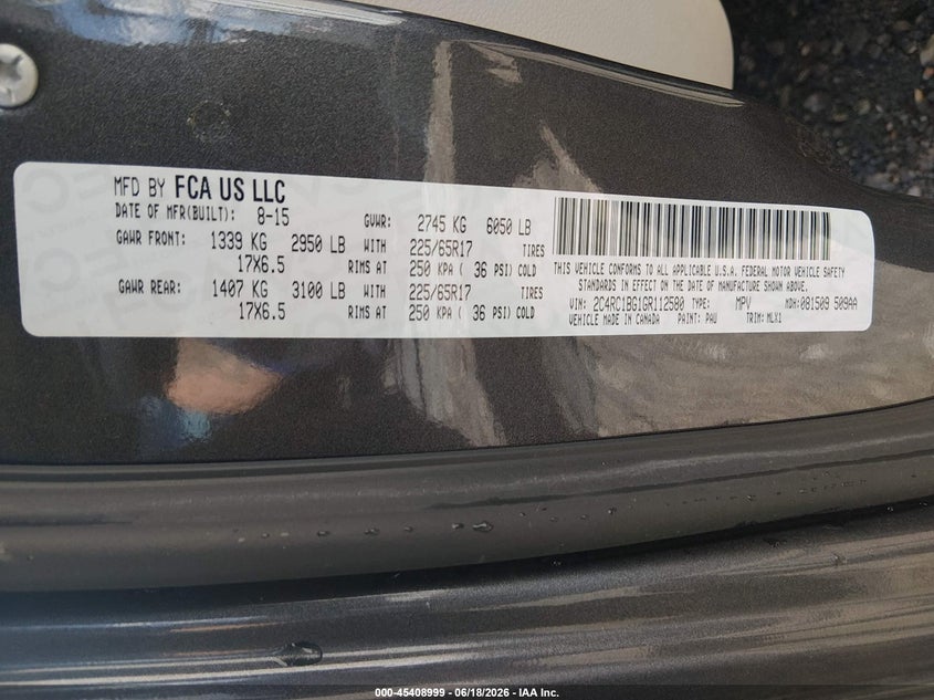 2016 Chrysler Town & Country Touring VIN: 2C4RC1BG1GR112580 Lot: 45408999