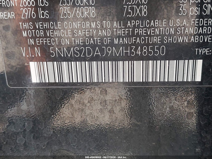 VIN 5NMS2DAJ9MH348550 2021 HYUNDAI SANTA FE SEL