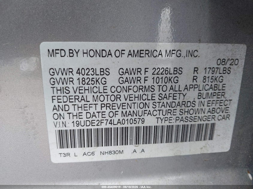 2020 Acura Ilx Premium Package/Technology Package VIN: 19UDE2F74LA010579 Lot: 45409019