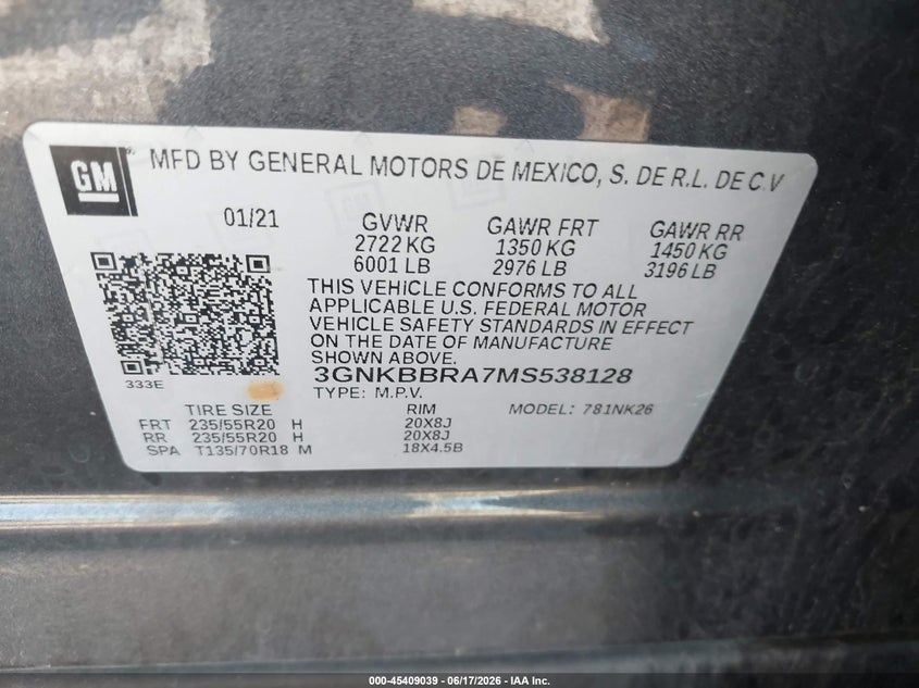 2021 Chevrolet Blazer Fwd 1Lt VIN: 3GNKBBRA7MS538128 Lot: 45409039