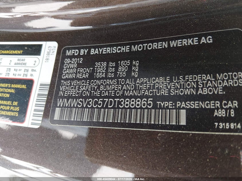 2013 Mini Hardtop Cooper S VIN: WMWSV3C57DT388865 Lot: 45409044