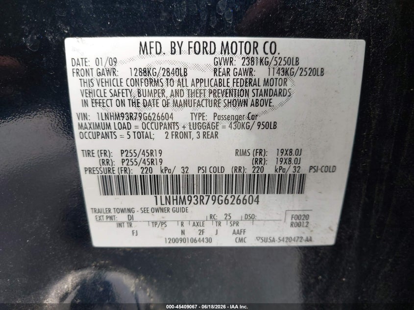 2009 Lincoln Mks VIN: 1LNHM93R79G626604 Lot: 45409067