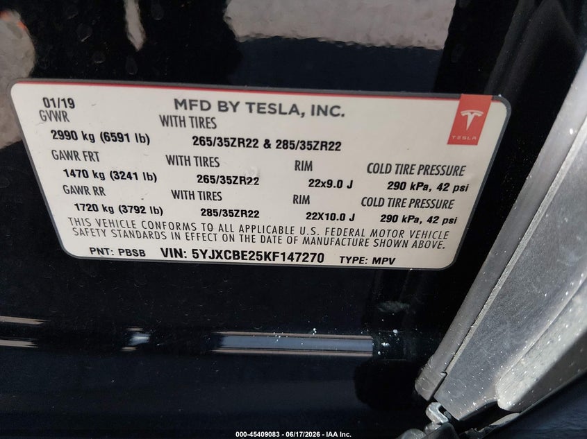 2019 Tesla Model X 100D/75D/Long Range VIN: 5YJXCBE25KF147270 Lot: 45409083