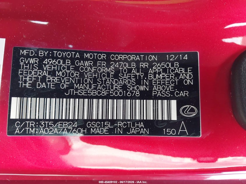 2015 Lexus Rc 350 VIN: JTHSE5BC8F5001678 Lot: 45409102