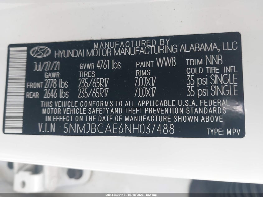 2022 Hyundai Tucson Sel VIN: 5NMJBCAE6NH037488 Lot: 45409113