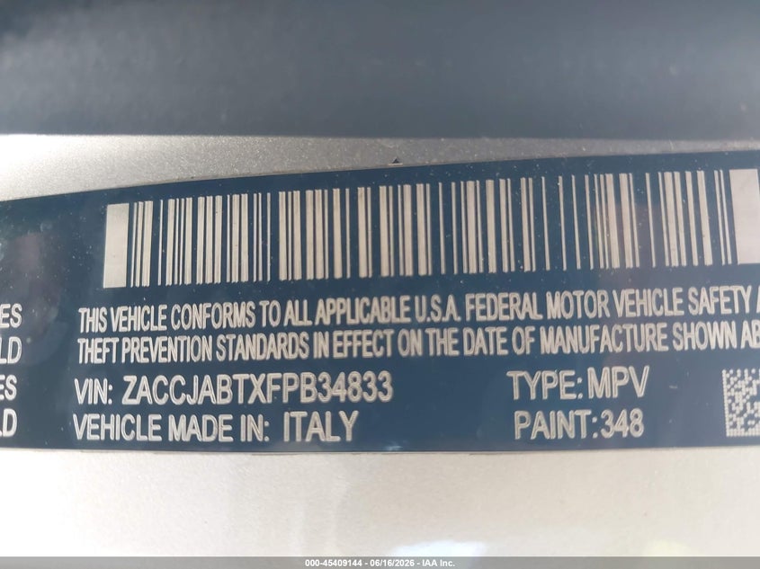 2015 Jeep Renegade Latitude VIN: ZACCJABTXFPB34833 Lot: 45409144