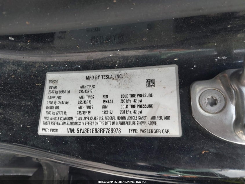 2024 Tesla Model 3 Long Range Dual Motor All-Wheel Drive VIN: 5YJ3E1EB8RF789978 Lot: 45409165