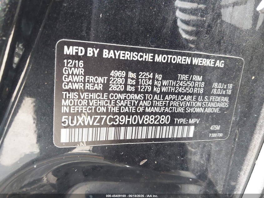 2017 BMW X3 SPORT UTILITY VEHICLE 2.0L I-4 DI, DOHC, VVT, TURBO, 240HP