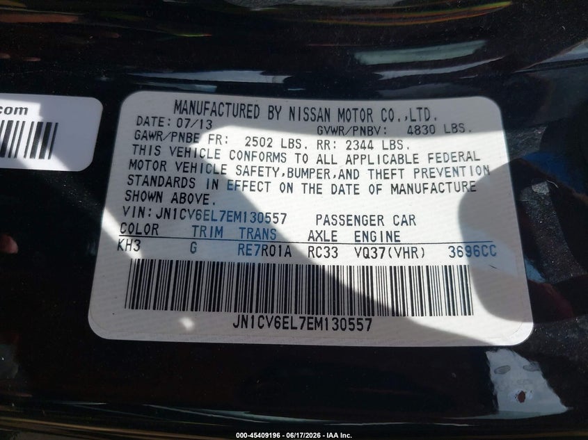2014 Infiniti Q60 VIN: JN1CV6EL7EM130557 Lot: 45409196