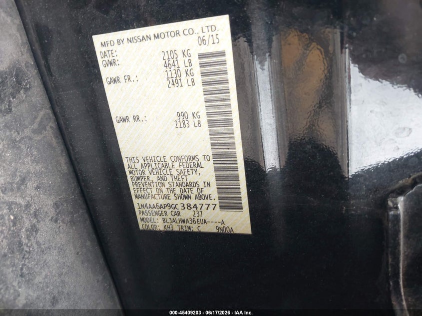 NISSAN MAXIMA 2016 VIN 1N4AA6AP9GC384777