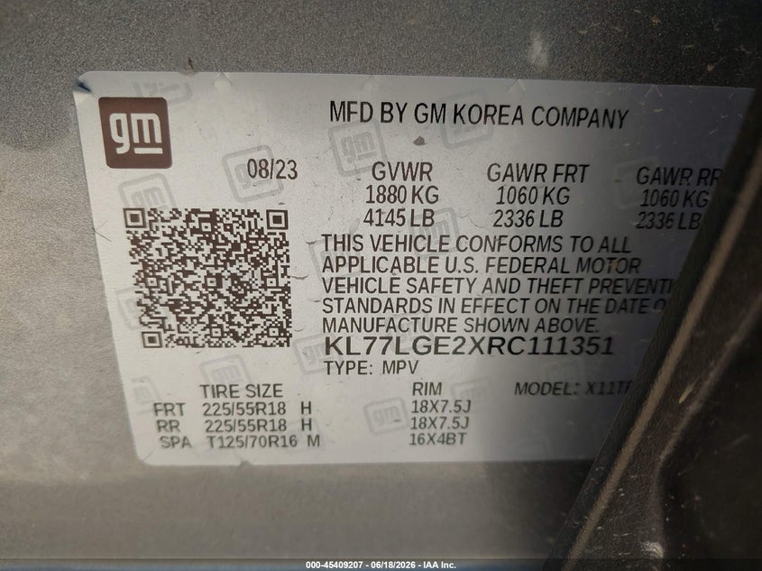 2024 Chevrolet Trax Fwd 1Rs VIN: KL77LGE2XRC111351 Lot: 45409207