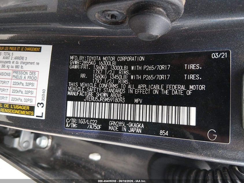 2021 Toyota 4Runner Trd Off Road Premium VIN: JTERU5JR5M5918093 Lot: 45409208