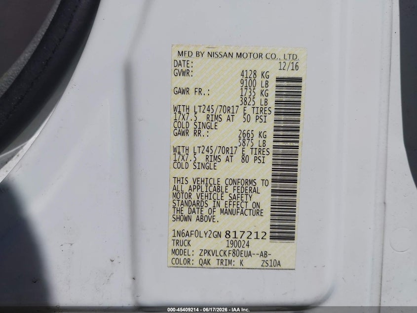 2016 Nissan Nv Cargo Nv2500 Hd S V8 VIN: 1N6AF0LY2GN817212 Lot: 45409214