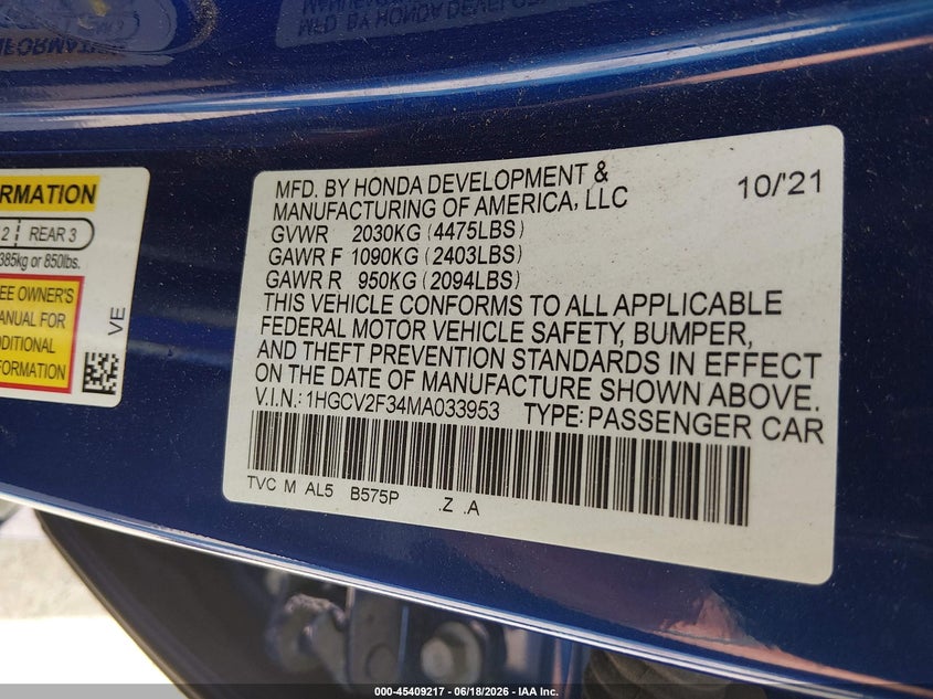 2021 HONDA ACCORD SPORT 2.0T — Photo 9